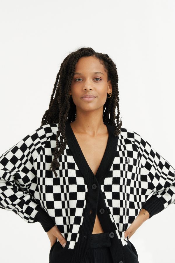 LADIES CHEQUERBOARD CARDIGAN (BLACK)