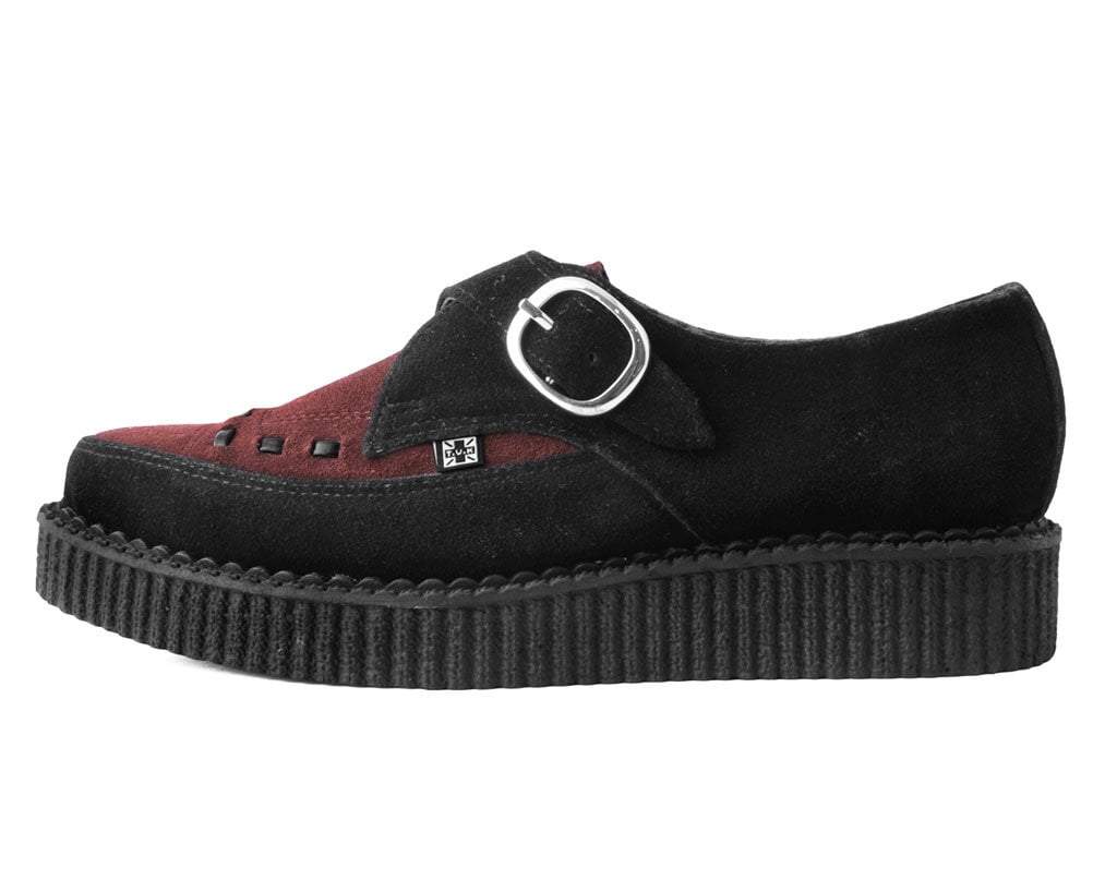 T.U.K BLACK/BURGUNDY SUEDE BUCKLE POINTED CREEPER