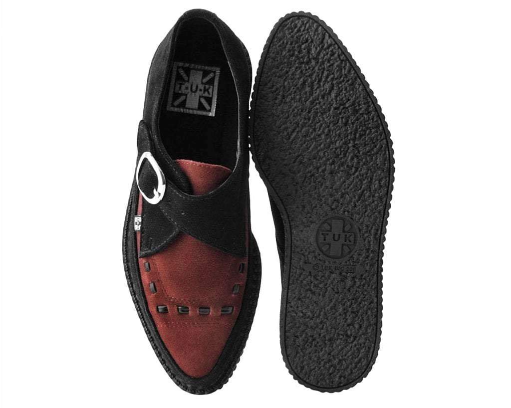 T.U.K BLACK/BURGUNDY SUEDE BUCKLE POINTED CREEPER