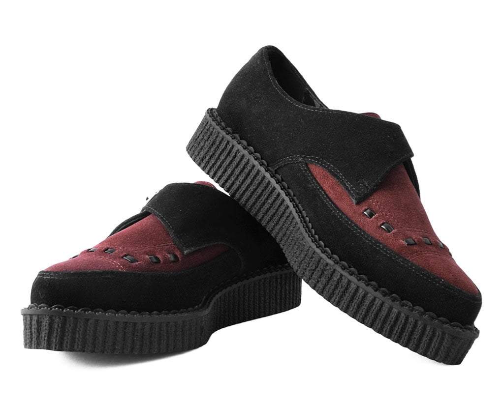 T.U.K BLACK/BURGUNDY SUEDE BUCKLE POINTED CREEPER
