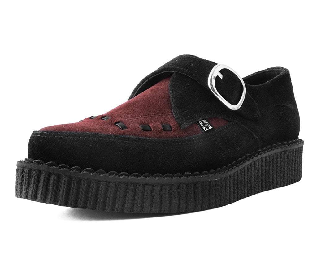 T.U.K BLACK/BURGUNDY SUEDE BUCKLE POINTED CREEPER