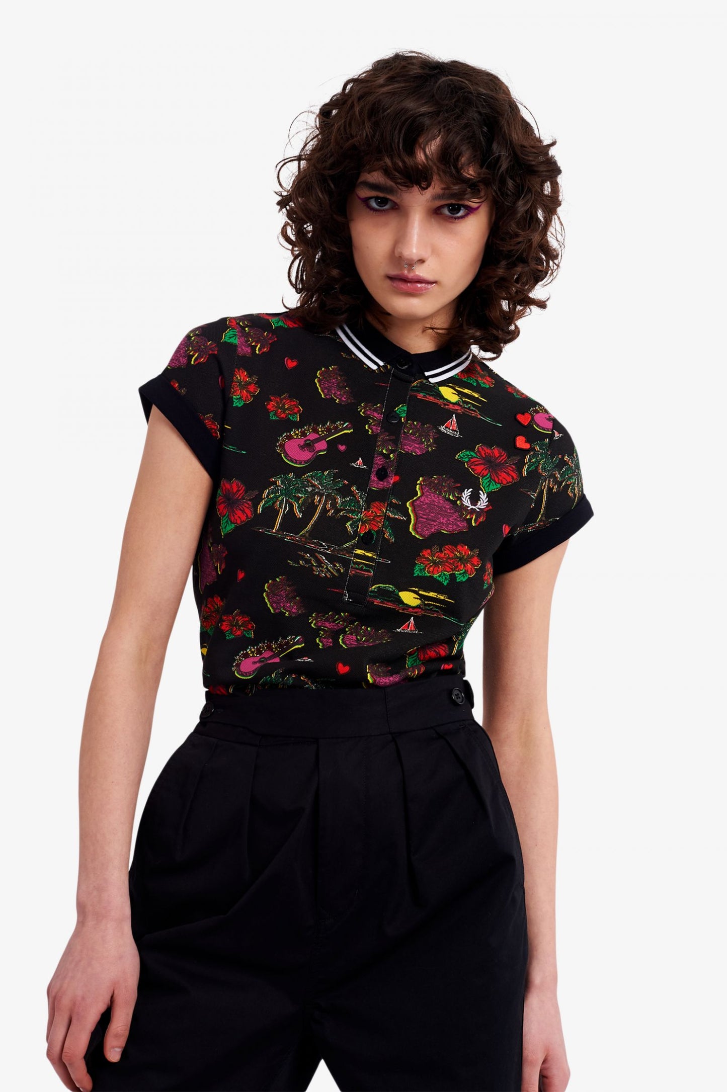 BLACK HAWAIIAN PRINT POLO SHIRT
