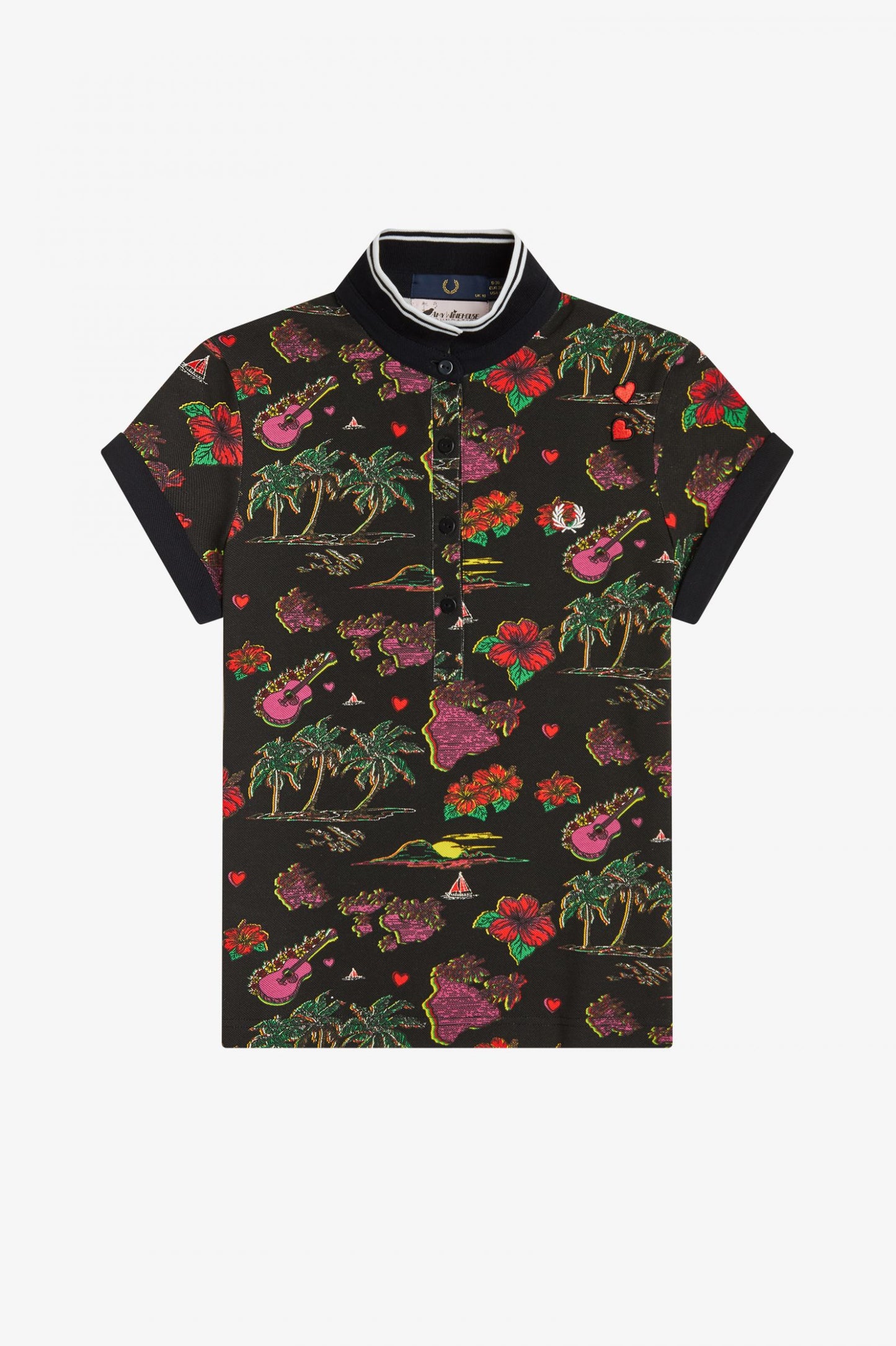 BLACK HAWAIIAN PRINT POLO SHIRT
