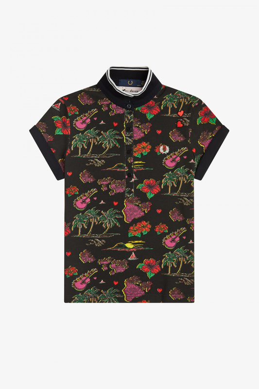 BLACK HAWAIIAN PRINT POLO SHIRT