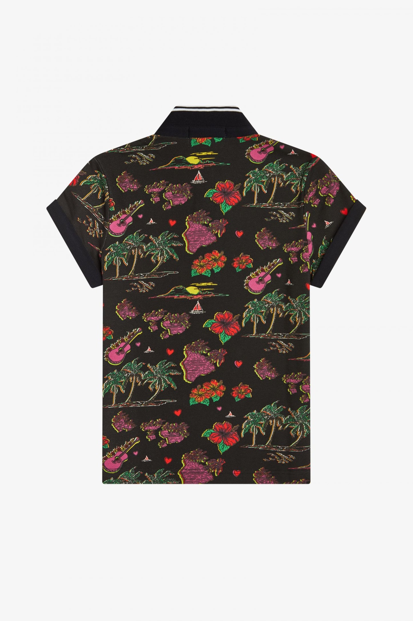 BLACK HAWAIIAN PRINT POLO SHIRT