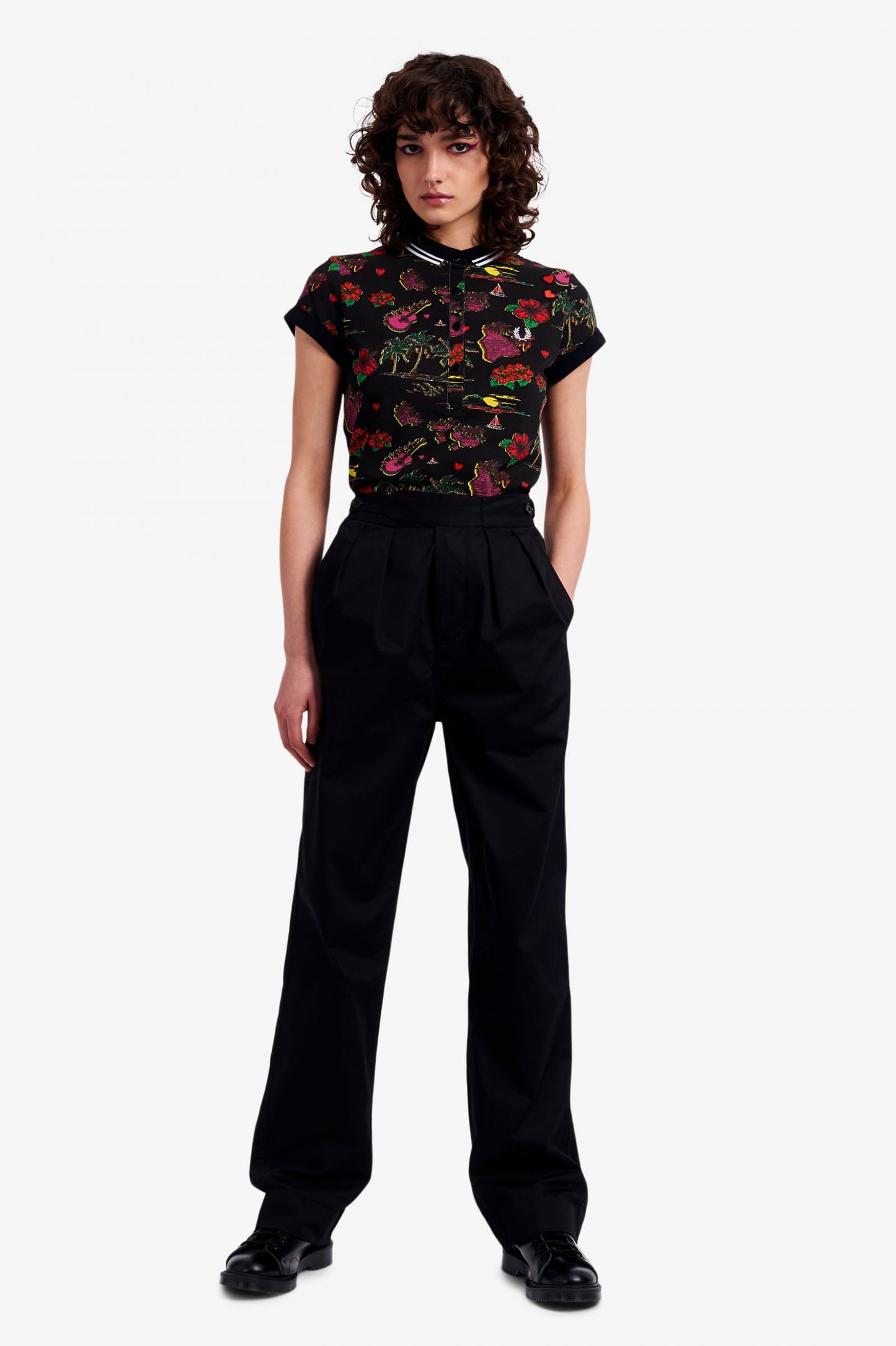 BLACK HAWAIIAN PRINT POLO SHIRT