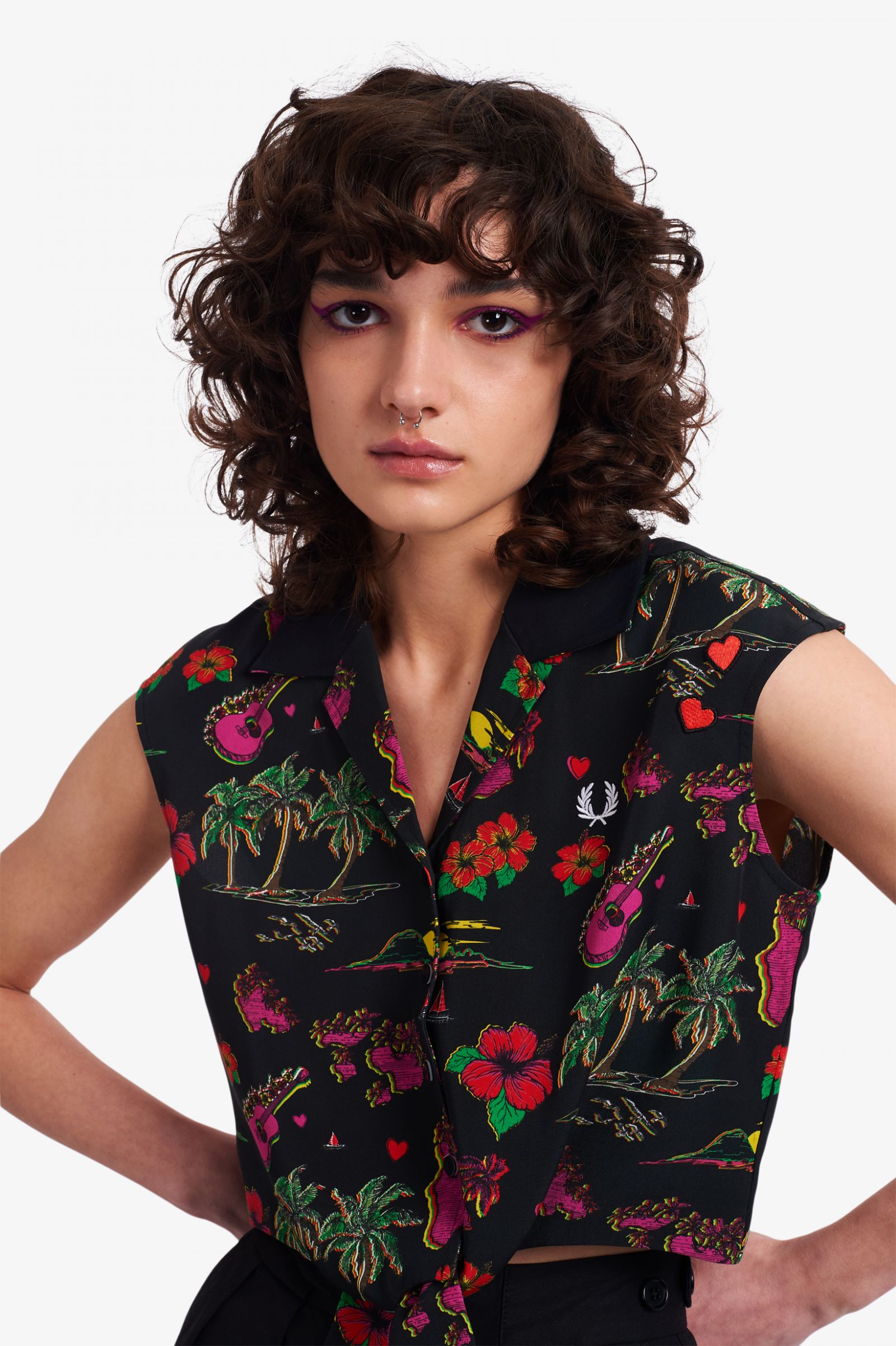 Amy Winehouse Black Hawaiian Print Tie-Front Shirt