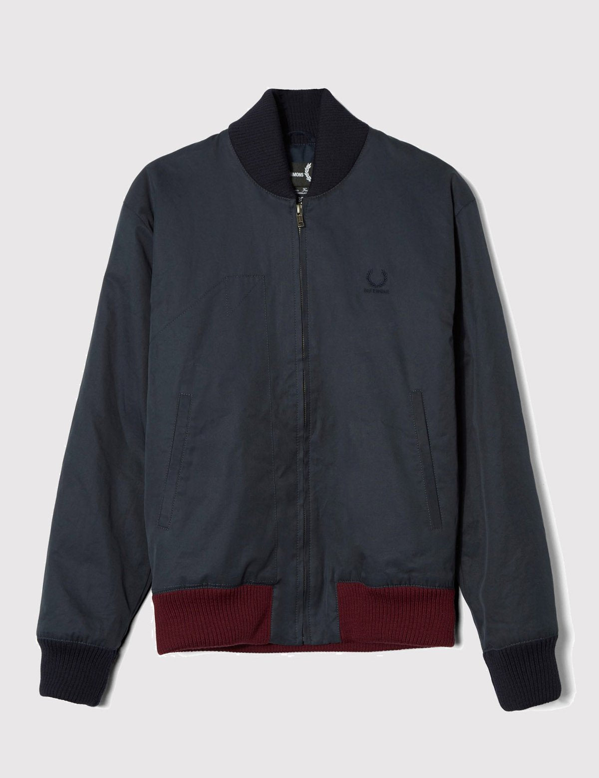 RAF SIMONS NAVY PANELED BOMBER NECK SWEATER