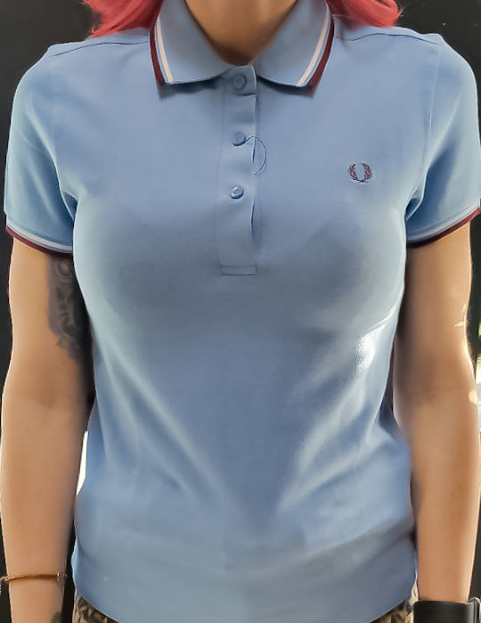 LADIES TWIN TIPPED FRED PERRY SHIRT (UTILITY BLUE/WHITE/MAROON)