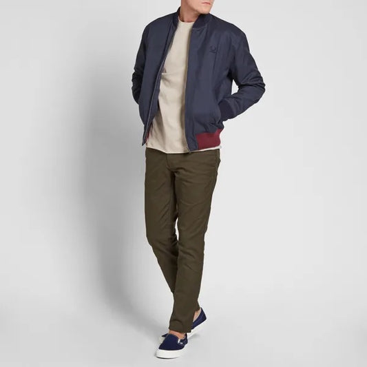 RAF SIMONS NAVY PANELED BOMBER NECK SWEATER