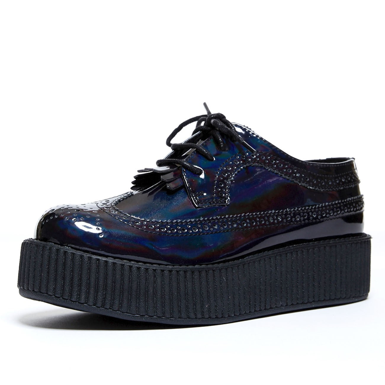 T.U.K BLACK IRIDESCENT BROGUE WINGTIP W/ KILTIE VIVA MONDO CREEPER