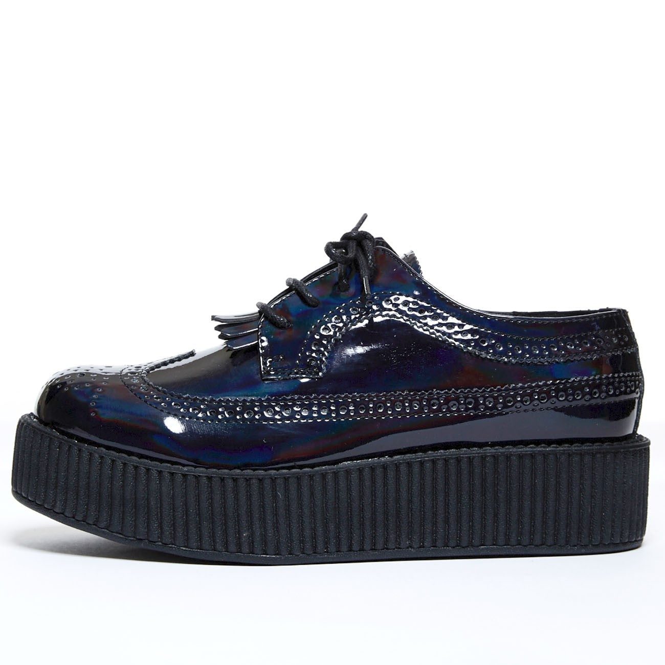 T.U.K BLACK IRIDESCENT BROGUE WINGTIP W/ KILTIE VIVA MONDO CREEPER