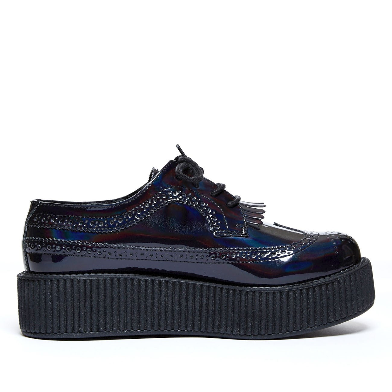 T.U.K BLACK IRIDESCENT BROGUE WINGTIP W/ KILTIE VIVA MONDO CREEPER