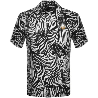 Fred Perry Zebra Print Camp Collar Short Sleeve Shirt In Black