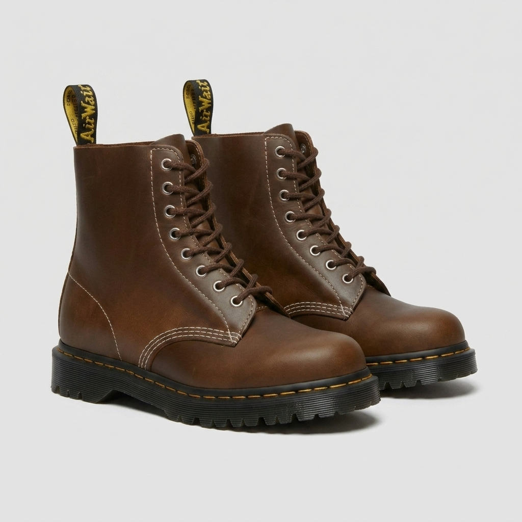 A pair of classic brown leather Dr. Martens 1868 boots with black soles and yellow stitching, displayed on a light gray background.