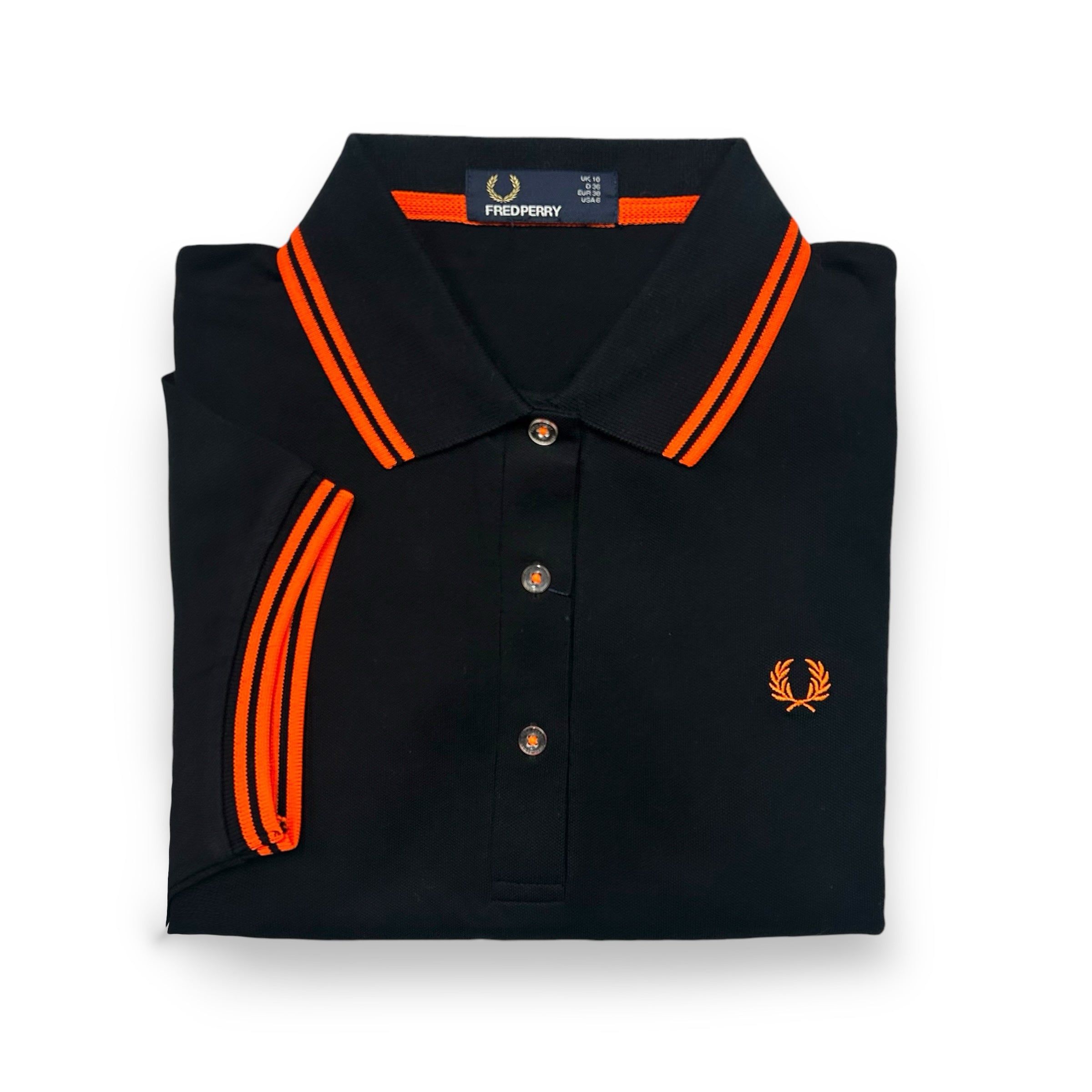 LADIES SOHO NEON TIPPED FRED PERRY SHIRT BLACK ORANGE