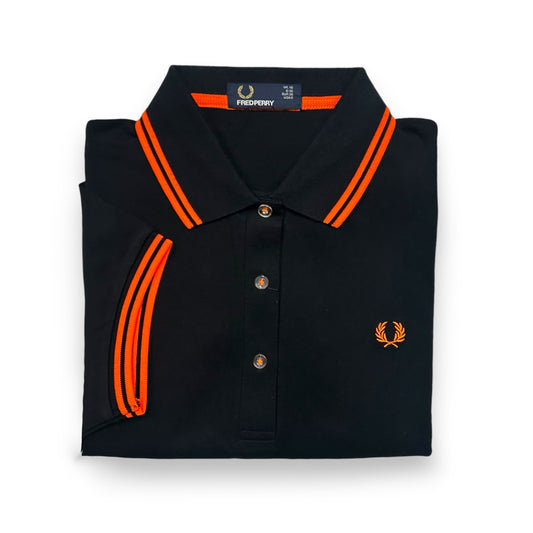 LADIES SOHO NEON TIPPED FRED PERRY SHIRT (BLACK/ORANGE)