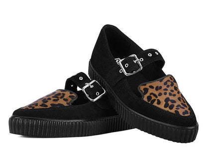 TUK Black Suede Leopard Pointed Mary Jane Creeper Sneaker
