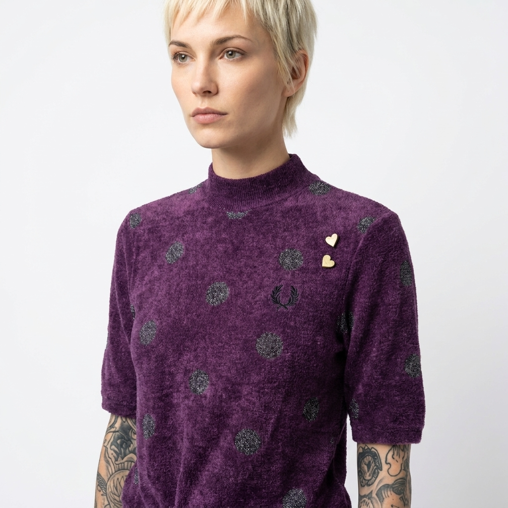 A model with short blonde hair and tattoos wearing a textured purple short-sleeve mock neck top with dark green circular patterns and two small gold heart brooches on the chest, set against a plain light gray background.