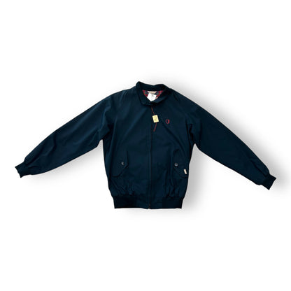 A navy blue Baracuta Harrington jacket with a front zipper and a logo patch on the left sleeve.