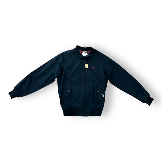 A navy blue Baracuta Harrington jacket with a front zipper and a logo patch on the left sleeve.