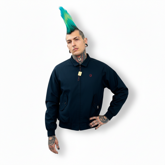 Person wearing a dark blue jacket with a white background