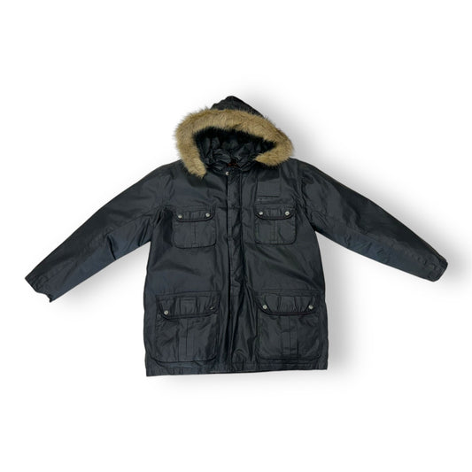 A charcoal gray Ben Sherman park jacket with a hood, featuring a front zipper and button closure.