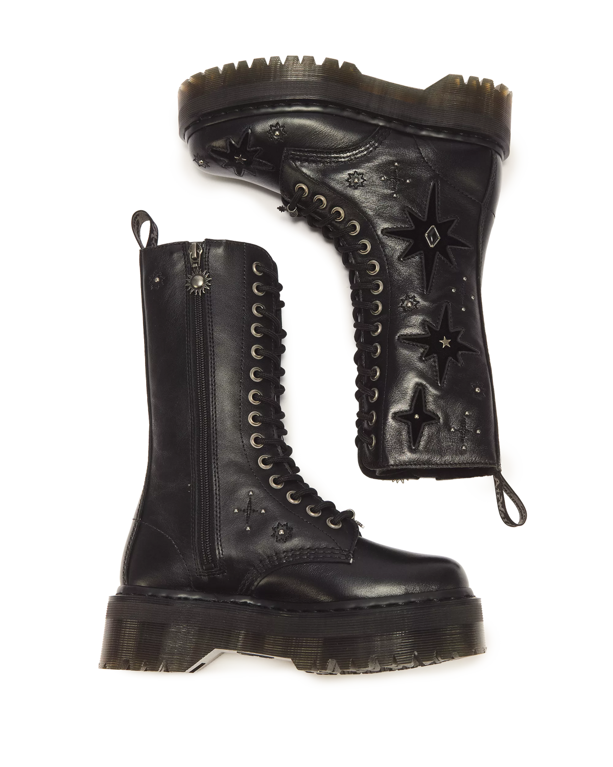 1B99 Whimsigoth 14 Eye Leather & Velvet Lace Up Boots