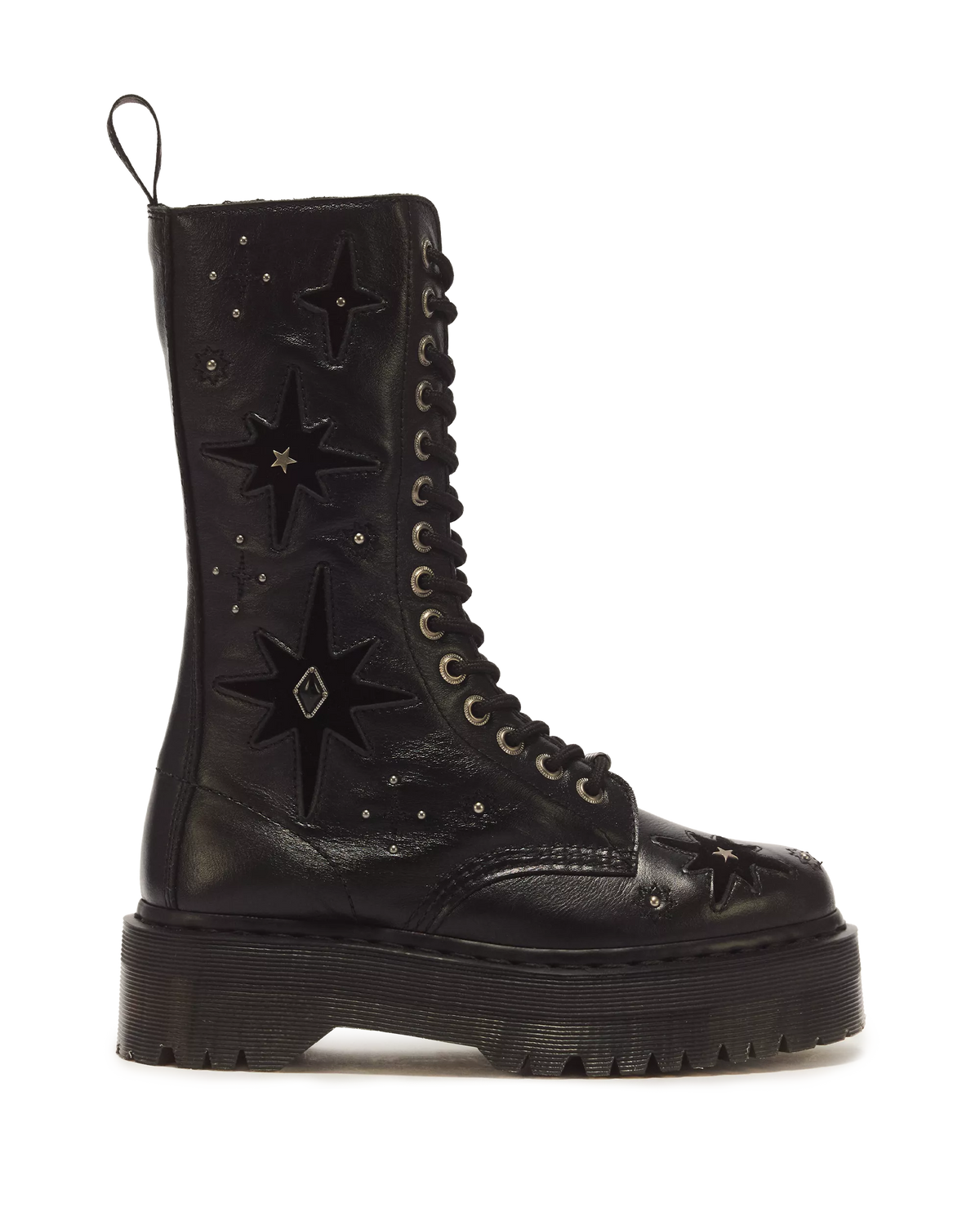 1B99 Whimsigoth 14 Eye Leather & Velvet Lace Up Boots
