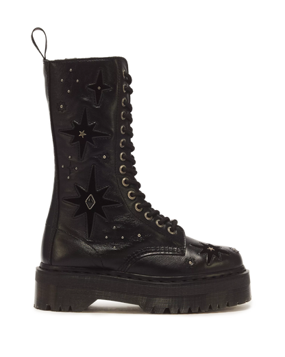 1B99 Whimsigoth 14 Eye Leather & Velvet Lace Up Boots