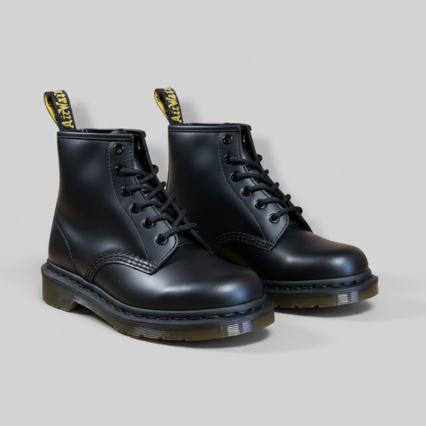 Pair of black leather boots with yellow accents on a light gray background