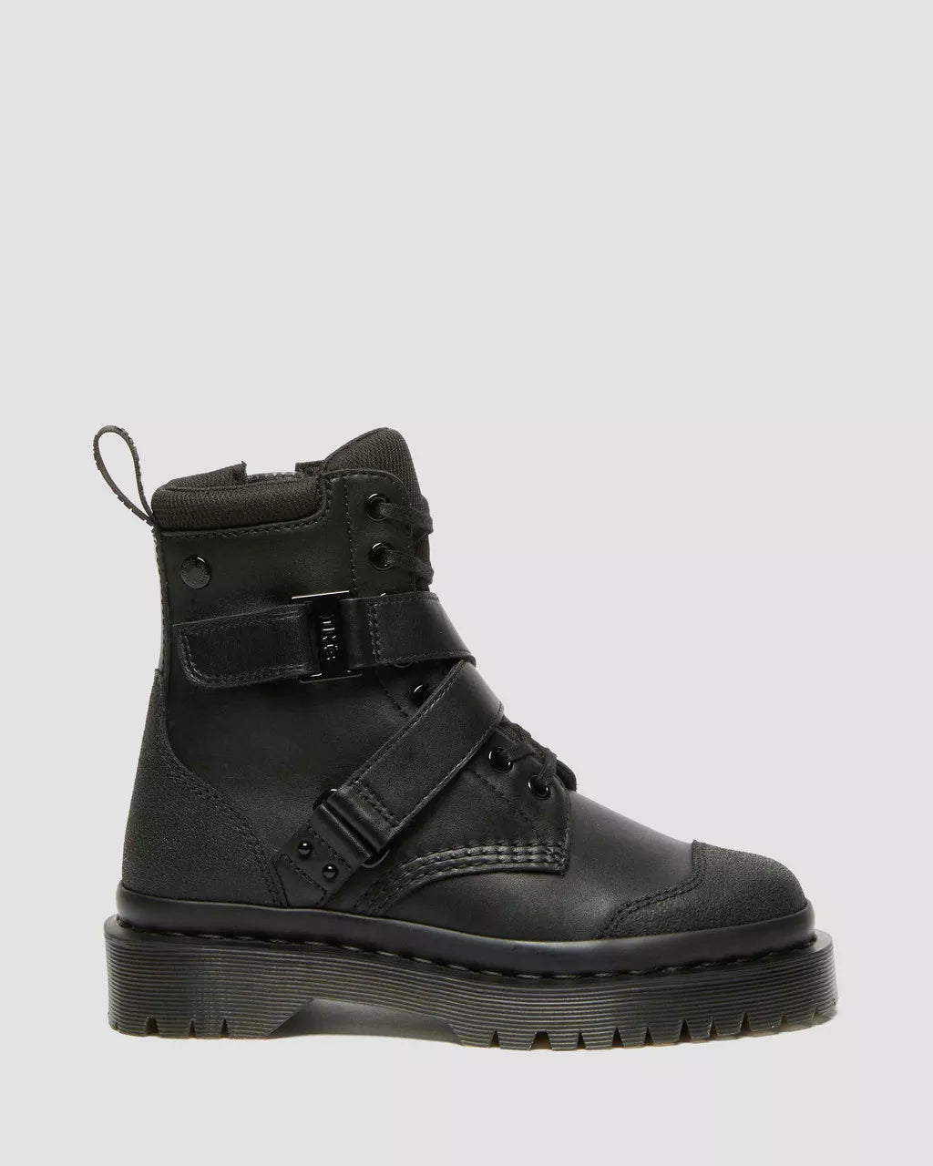 A black leather lace-up boot with a tech strap design, featuring a rubber sole.