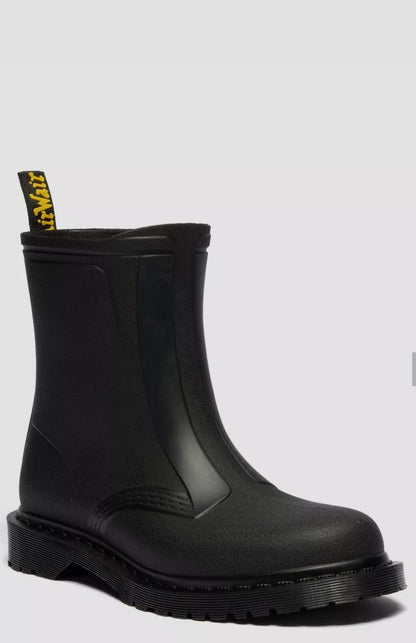 Black rain boot with a brand logo on a white background