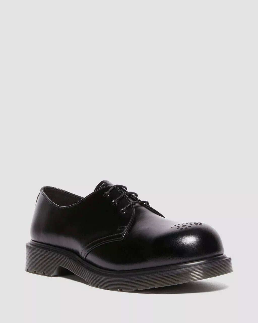 A black leather shoe with a steel toe cap, lace-up closure, on a white background.