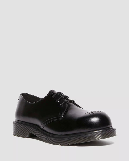 A black leather shoe with a steel toe cap, lace-up closure, on a white background.