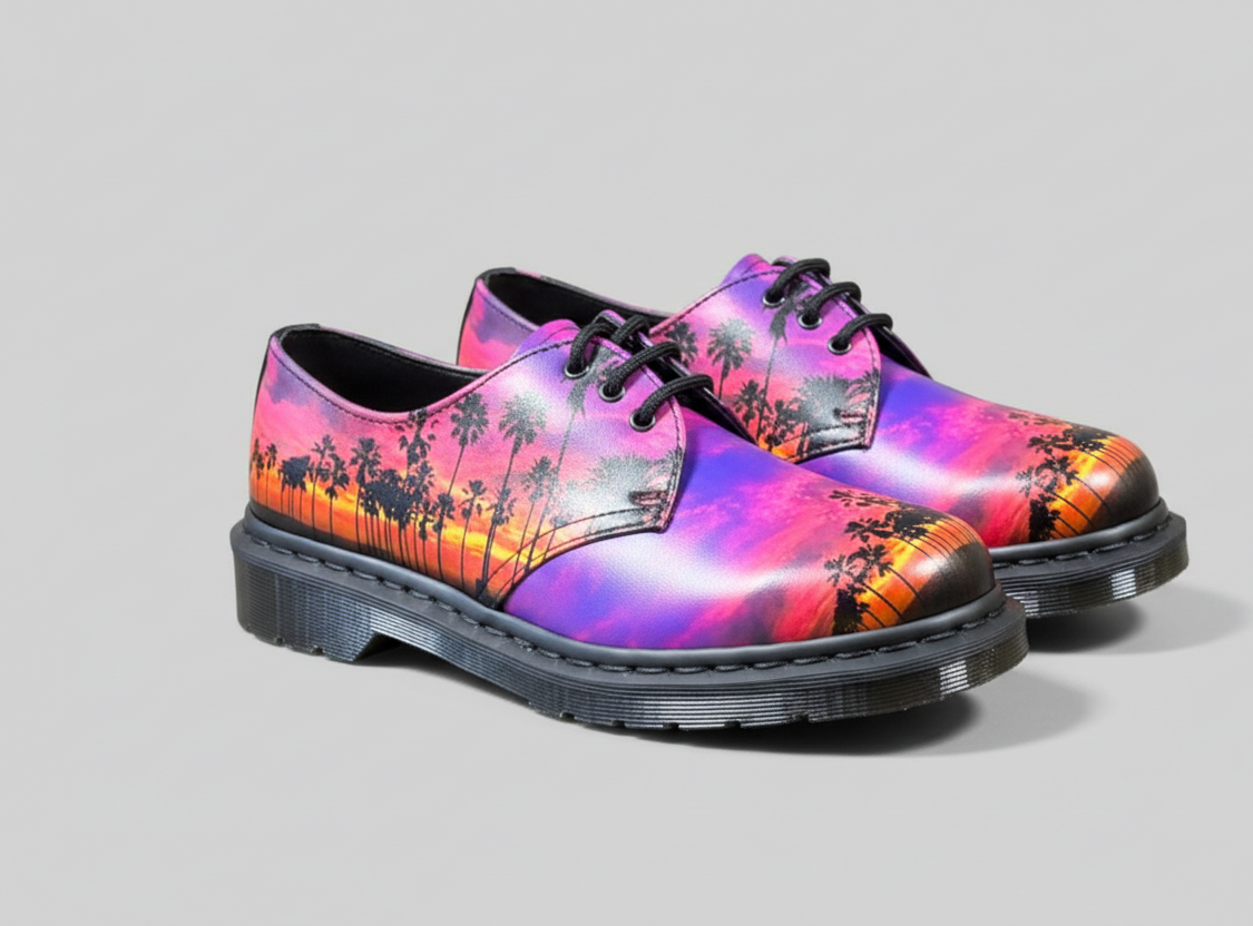 Colorful shoes with a sunset and palm tree design on a gray background