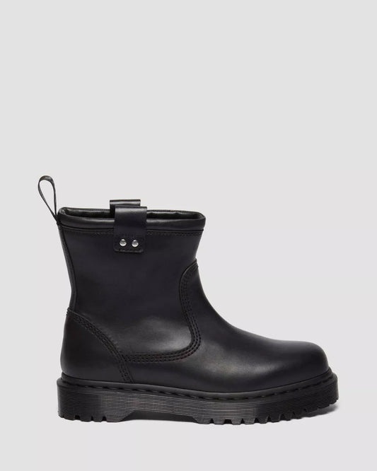 A black leather biker boot with a chunky sole and yellow stitching detail.