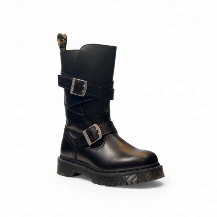 Black leather boot with buckles on a white background