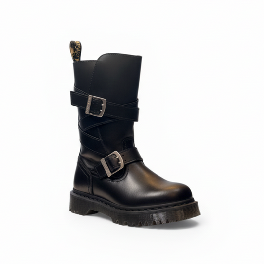 Black leather boot with buckles on a white background