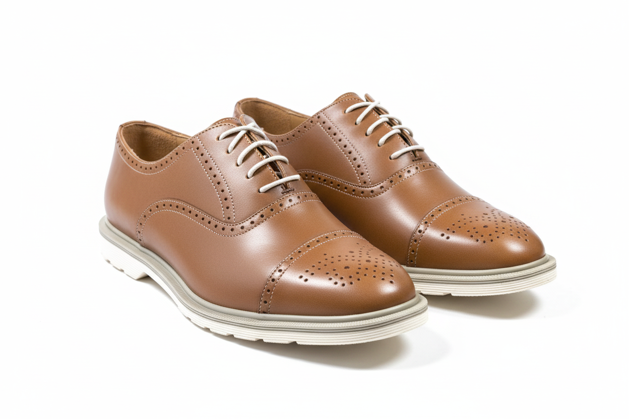 Pair of brown leather shoes with white soles on a white background