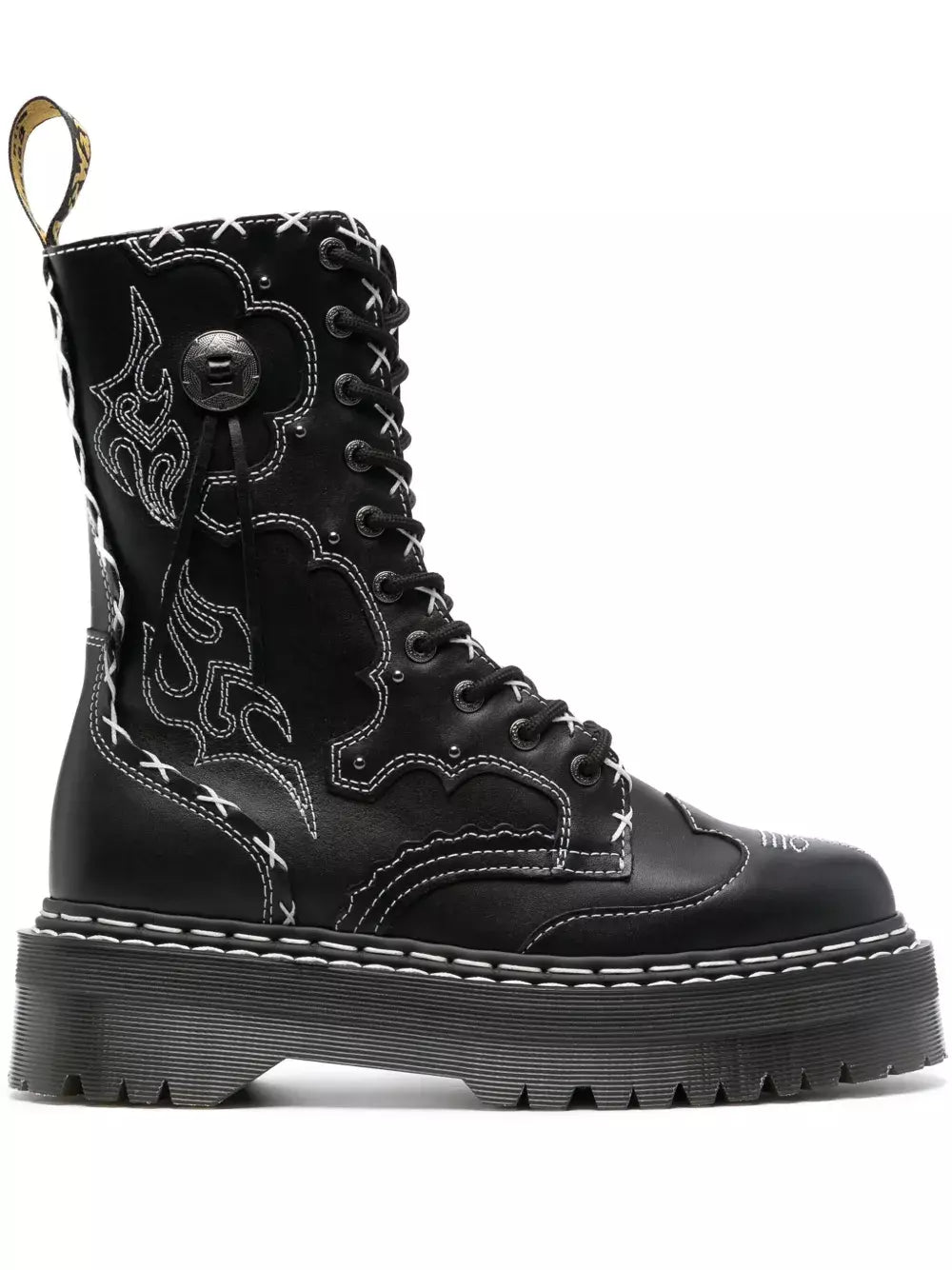 Black boot with intricate design on a white background