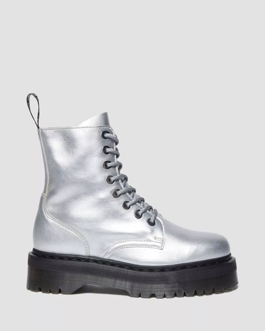 A silver metallic leather platform boot with a lace-up closure and a chunky sole.