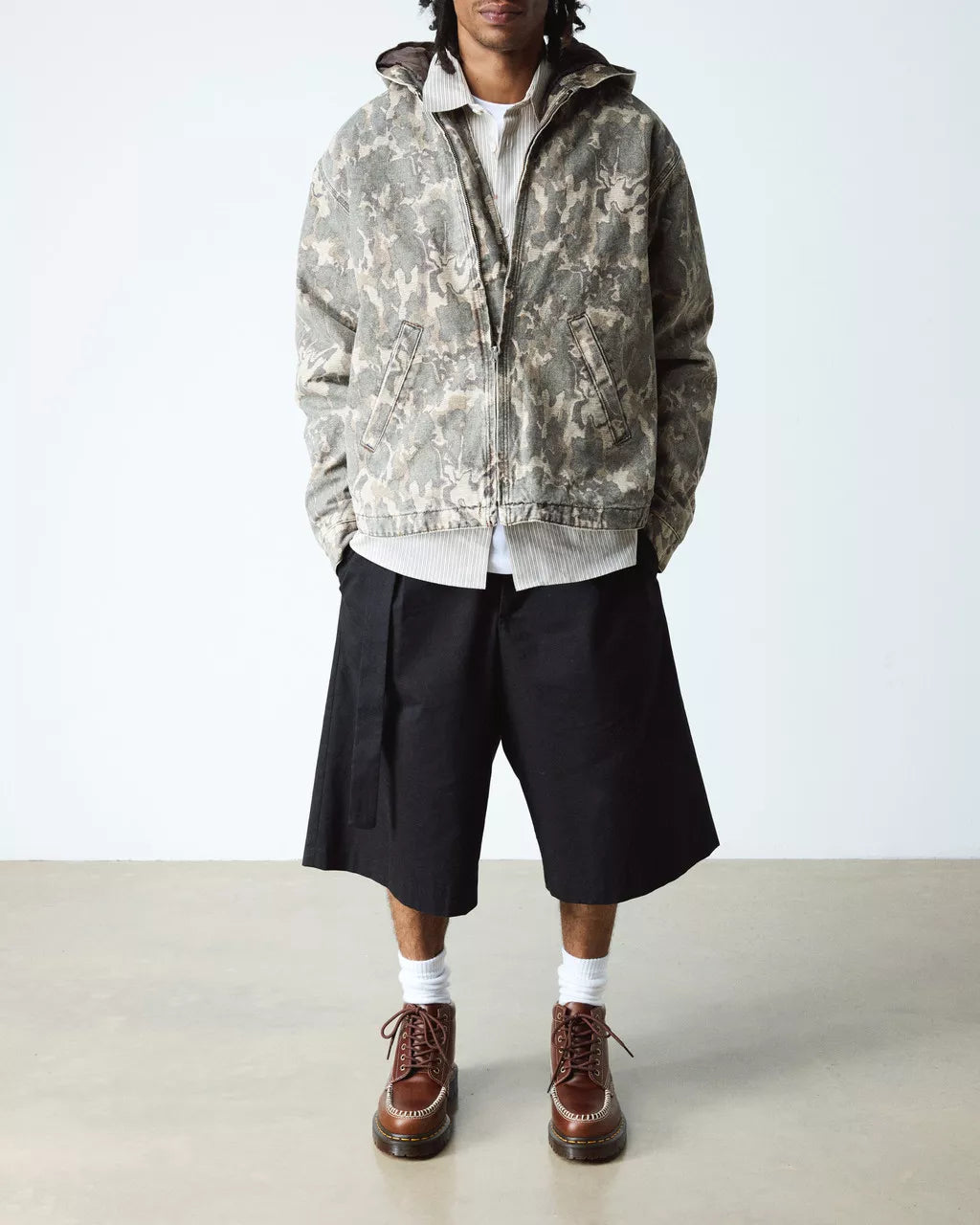 Person wearing a camouflage jacket, white shirt, black shorts, and brown shoes on a plain background