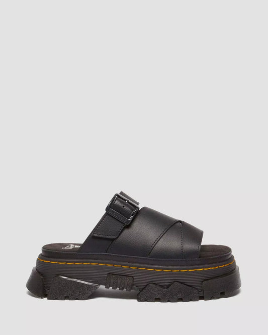 A pair of black Mattison Slide sandals with a platform sole and yellow detailing.