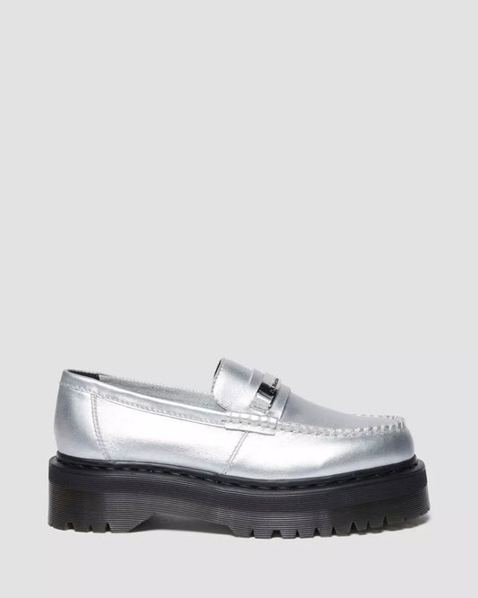 A silver metallic leather loafer with a lace-up closure and a chunky tread sole.