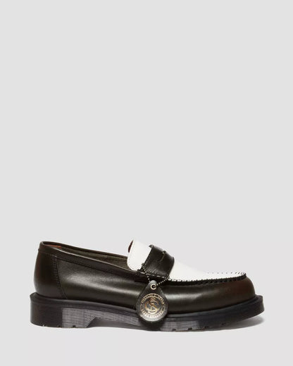A black and white two-tone smooth leather loafer with a gold penny and DMS sole.