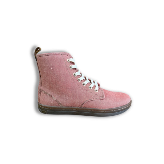 Pink high-top sneaker with white laces on a white background