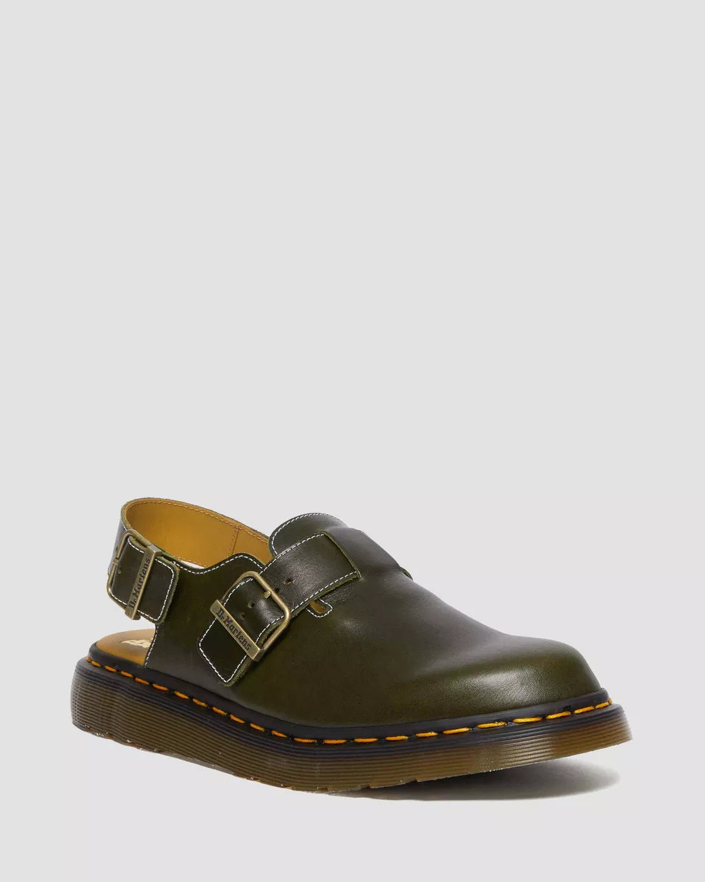 Green leather shoe with buckles on a light gray background