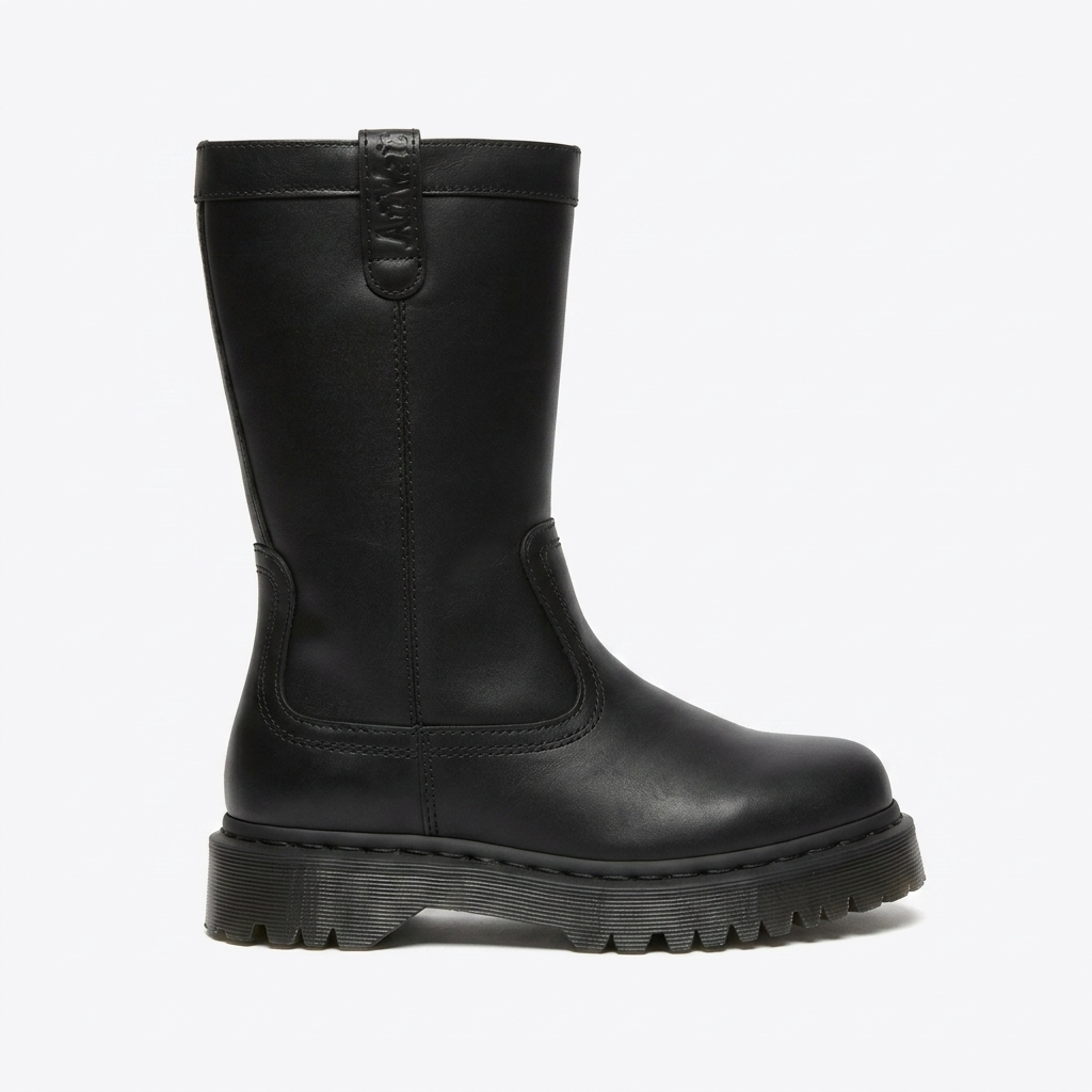 A single black leather mid-calf boot with a chunky black sole, shown from a side profile against a light gray background.