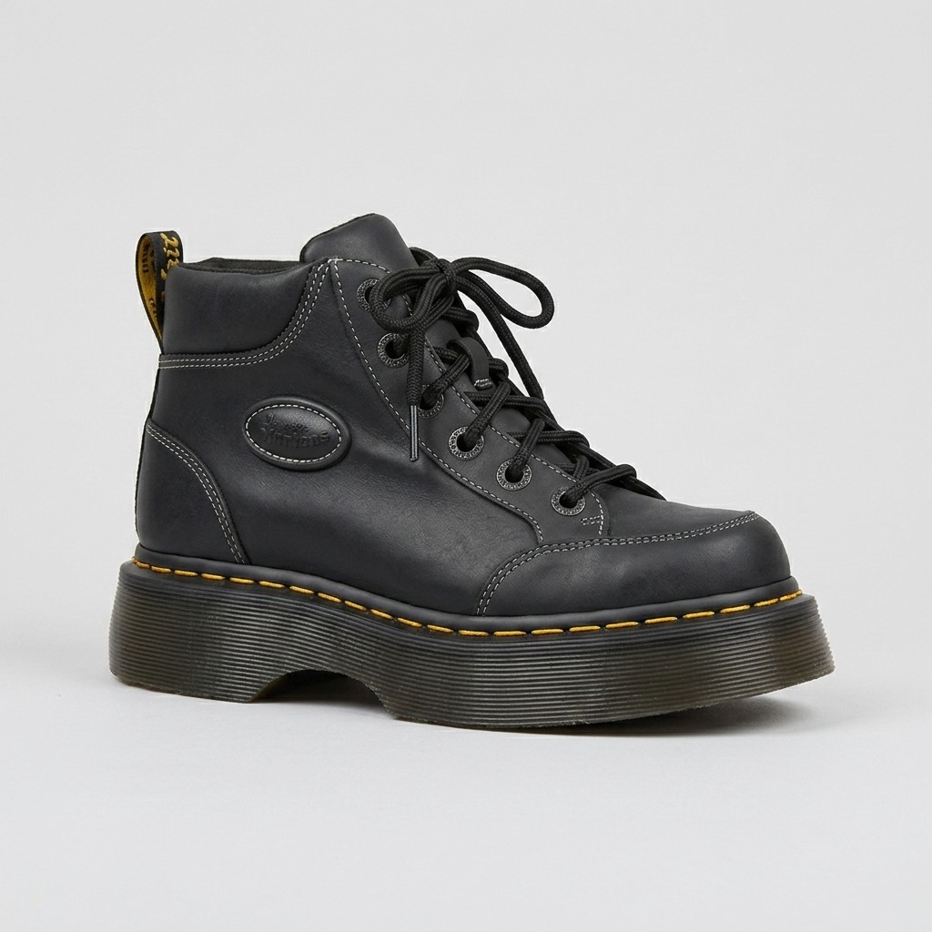 A Dr Martens Buzz 6i black leather lace-up ankle boot with a chunky black platform sole, yellow contrast stitching, and a gold pull tab, shown on a light gray background.